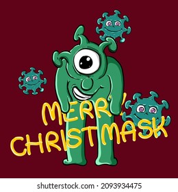 Corona Virus. Postcard for 2022 with the inscription happy Christmask. Covid cartoon characters in 2022. Xmas decoration. Hand drawn.