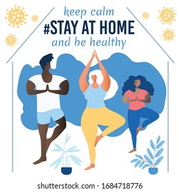 Corona virus poster. stay at home. Prevention from virus. stay at home awareness social media campaign coronavirus prevention: multinational happy yoga family hugging staying together. self isolation.