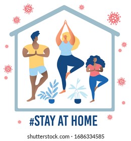 Corona virus poster. stay at home. Prevention from virus. stay at home awareness social media campaign coronavirus prevention: multinational happy yoga family hugging staying together. self isolation.