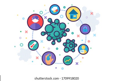 Corona Virus Prevention Concept. Infographic Signs and Elements of Infection Symptoms and Health Recomendations, Mask, Stay Home to Stop Epidemic. Flat Vector Illustration