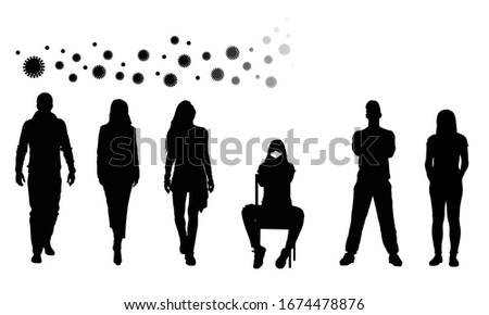Corona virus prevention concept. Silhouettes of people walking outside while one woman sitting inside with mask stop spreading coronavirus.  Vector illustration. 