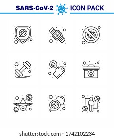 corona virus prevention. covid19 tips to avoid injury 9 Line icon for presentation  sports; gym; bacteria; dumbbell; scientist viral coronavirus 2019-nov disease Vector Design Elements