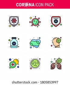 corona virus prevention. covid19 tips to avoid injury 9 Filled Line Flat Color icon for presentation hand; medicine; microorganism; syrup bottle; pills viral coronavirus 2019-nov disease Vector