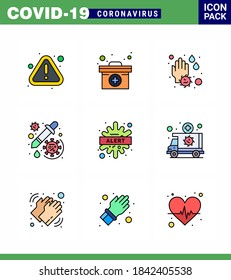 corona virus prevention. covid19 tips to avoid injury 9 Filled Line Flat Color icon for presentation alert; vaccine; hand; dropper; drug viral coronavirus 2019-nov disease Vector Design Elements