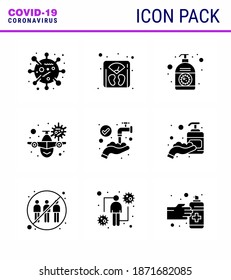 corona virus prevention. covid19 tips to avoid injury 9 Solid Glyph Black icon for presentation  virus; vacation; lotion; travel; hand sanitizer viral coronavirus 2019-nov disease Vector Design 