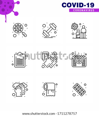 corona virus prevention. covid19 tips to avoid injury 9 Line icon for presentation  list; check list; weight; virus; transmission viral coronavirus 2019-nov disease Vector Design Elements