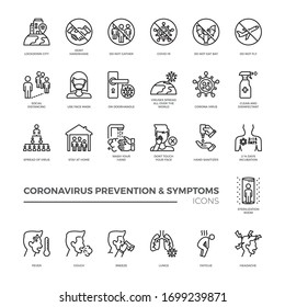 Corona virus prevention and symptoms line icon template. Contains such Icons as Washing Instruction, Antiseptic, social distancing, stay at home and more.