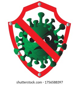 
Corona-Virus im Gefängnis. Das Corona-Virus wird durch ein Schild angehalten.grüne Farbe des coronavirus-weißen Hintergrund mit rotem Schild, um die Infektion von Covid-19 zu stoppen