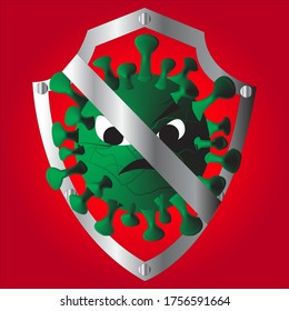 
el virus de la corona en prisión. El virus de la corona se detiene con un escudo. El color verde del coronavirus con el escudo metálico ha detenido la propagación COVID-19.rojo fondo