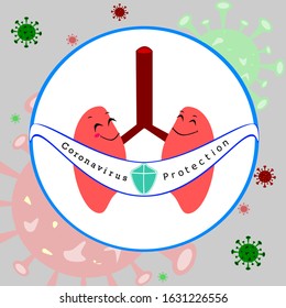 Corona virus protection concept. Lungs with a smiling face that are protected from viruses that spread throughout the area.