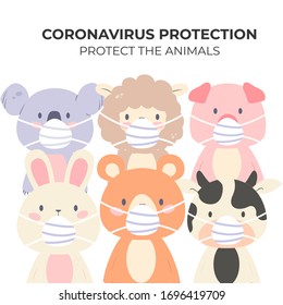 Corona Virus protection with cute animals. Animala wearing maska. Vector illustration. Wear a mask. Cartoon animals.  Vector illustration for prevention the spread of bacteria, coronaviruses. Covid-19