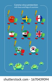 Corona virus protection with faces and flags of countries .stop Coronavirus Precaution Tips .Coronavirus 2019-nCoV infographic.Wuhan coronavirus 2019-nCoV concept Vector illustration