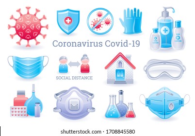 Corona virus protection icon set. Virus Covid prevention collection, medical elements. Hand sanitizer, respirator mask, gloves, quarantine. Coronavirus vector illustration isolated white background