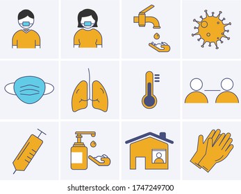 Corona Virus protection icon set. filled icons Coronavirus Covid 19 pandemic banner.Best design elements man, women, mask, gloves, social distance, disinfect hand wash, stay home.Illustration of Coron