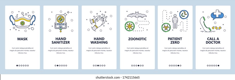 Corona virus protection icons. Face mask, hand sanitizer, zero patient, call a doctor. Mobile app screens. Vector banner template for website and mobile development. Web site design illustration.