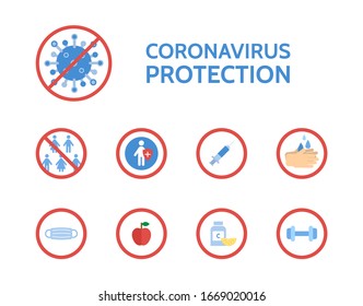 Corona virus protection infographic. COVID-19 novel coronavirus. Stop bacteria. Medical examination. Corona virus prevention. Antibacterial concept. Antiviral immunity. Vector illustration