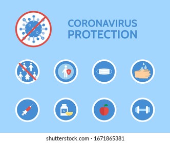 Corona virus protection infographic. COVID-19 novel coronavirus. Stop bacteria. Medical examination. Corona virus prevention. Antibacterial concept. Antiviral immunity. Vector illustration