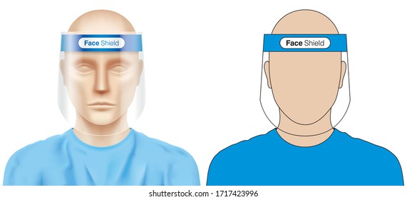 Corona virus protective uniform graphical drawing in 3D and flat styles. Medical worker, wearing a plastic face shield. Vector set of doctor illustrations, with a virus protection equipment.