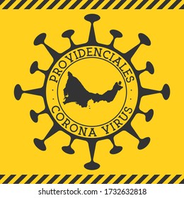 Corona virus in Providenciales sign. Round badge with shape of virus and Providenciales map. Yellow island epidemy lock down stamp. Vector illustration.