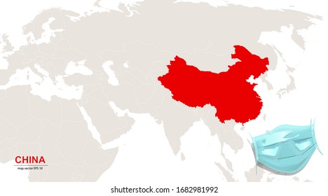 Corona Virus Quarantine Concept. China Marked Red on Globe Map. Face Mask as Preventive Measures Concept. Vector Illustration