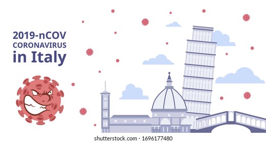 Corona Virus Quarantine in Italy. 2019-nCOV coronavirus outbreak concept. Lanscape of accident and disasters with architecture buildings. COVID-19 spreading around the city, vector flat design.