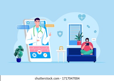 Corona virus quarantine stay home, vector illustration. Woman in protective mask sit on sofa, listen to online doctor advice on phone. Man with stethoscope in electronic device screen.