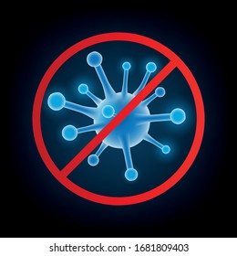 Virus de la corona con signo de parada roja sobre fondo azul oscuro. Brotes pandémicos de corona. Investigación y desarrollo de una vacuna preventiva. Ilustraciones concepto coronavirus COVID-19.