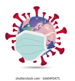 virus corona en rojo con el mundo globo y ilustración de máscara