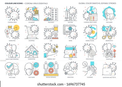 Corona virus related, color line, vector icon, illustration set. The set is about quarantine, biohazard, contamination, epidemic, fever, flu. The composition is infinitely scalable.