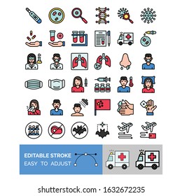 corona virus related doctor, flask, test tube, patient, girl, boy, injection, bacteria, magnifying glass, face mask, Chinese flag, hand wash, thermometer, capsule, and lung vector with editable stroke