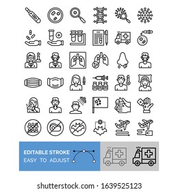 corona virus related doctor, flask, test tube, patient, girl, boy, injection, bacteria, magnifying glass, face mask, Chinese flag, hand wash, thermometer, capsule, and lung vector in lineal style