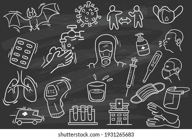 Mit dem Corona-Virus verwandtes handgezeichnetes Doodle. Chalkboard-Stil