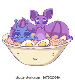 Corona virus related illustration with bat and virus bacterium in cute kawaii style