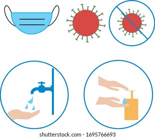 Corona virus related vector illustration with plain mask corona virus stop sign, soap, hand washing - protection guide.