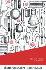 Corona virus research and prevention methods design. Coronavirus hand drawn template. Pandemic 2019-nCoV flyer. Vector banner with laboratory equipment, medicinal tools, realistic virus drawings.