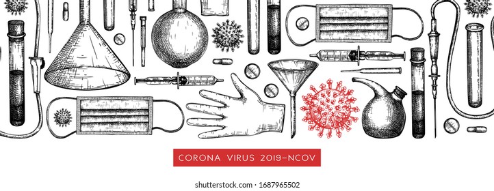 Corona virus research and prevention methods banner. Coronavirus hand drawn design. 2019-nCoV background with laboratory equipment, medicinal tools, realistic virus drawings. Medical vector template.