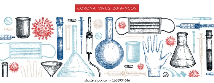 Corona virus research and prevention methods banner. Coronavirus hand drawn design.  COVID-19  background with laboratory equipment, medicinal tools, realistic virus drawings. Medical vector template.