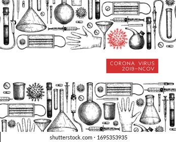 Corona virus research and prevention methods banner. Coronavirus hand drawn design. COVID-19 background with laboratory equipment, medicinal tools, realistic virus drawings. Medical vector template.