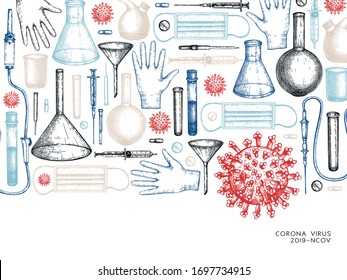 Corona virus research and prevention methods banner. Coronavirus hand drawn design. COVID-19 background with laboratory equipment, medicinal tools, realistic virus drawings. Medical vector template.