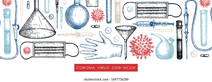 Corona virus research and prevention methods banner. Coronavirus hand drawn design. COVID-19 background with laboratory equipment, medicinal tools, realistic virus drawings. Medical vector template.
