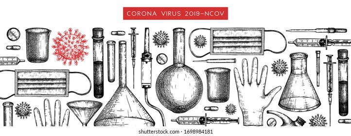 Corona virus research and prevention methods banner. Coronavirus hand drawn design. COVID-19 background with laboratory equipment, medicinal tools, realistic virus drawings. Medical vector template.