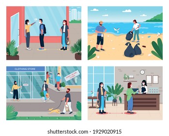 Corona virus rules flat color vector illustration set. Measuring people temperature. Cleaning tropical island beaches. Store lockdown 2D cartoon characters with clossed businesses on background pack
