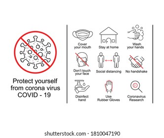 Corona Virus Safety Related Vector Line Icons. Contains Such Icons As Wearing Face Mask, Stay At Home, Washing Hands, Social Distancing, No Handshake, Don't Touch Face. 