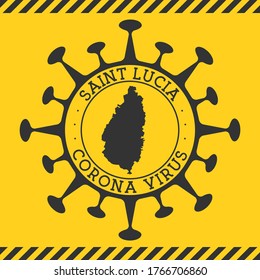 Corona virus in Saint Lucia sign. Round badge with shape of virus and Saint Lucia map. Yellow island epidemic lockdown stamp. Vector illustration.