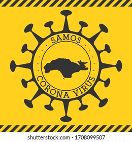 Corona virus in Samos sign. Round badge with shape of virus and Samos map. Yellow island epidemic lockdown stamp. Vector illustration.