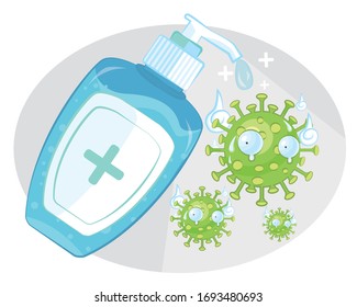 Corona virus scared by hand sanitizer. Use Hand Sanitizer to Prevent Yourself from Corona Virus Covid-19. Poster Design. Isolated.