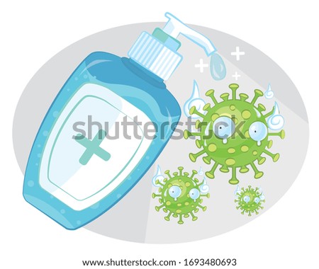 Corona virus scared by hand sanitizer. Use Hand Sanitizer to Prevent Yourself from Corona Virus Covid-19. Poster Design. Isolated.