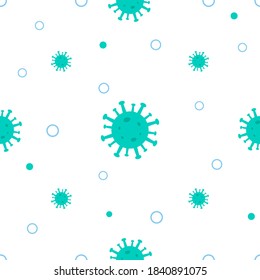 Corona virus seamless pattern. Blue green viruses of the bacteria coronavirus disease Covid-19 pandemic dangerous infectious vector  texture isolated on white background. Flu and lung disease spreadin