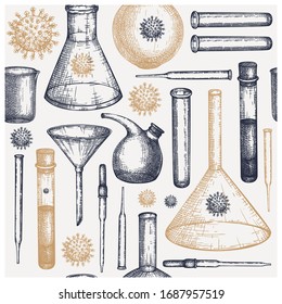 Corona Virus seamless pattern with laboratory equipment. Hand drawn Coronavirus 2019-nCoV background. Medicine  testing equipment backdrop. Vector glass, beaker, flask, pipette, funnel sketches.