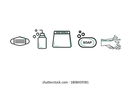 Corona virus self-protection icon - medical mask, hand sanitizer, face shield, soap and hand washing. suitable for corona virus prevention banners, medical products etc.